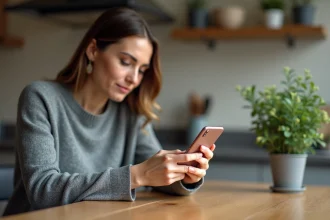 Femme utilisant un smartphone pour payer sur Amazon avec PayPal dans une cuisine