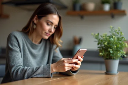 Femme utilisant un smartphone pour payer sur Amazon avec PayPal dans une cuisine