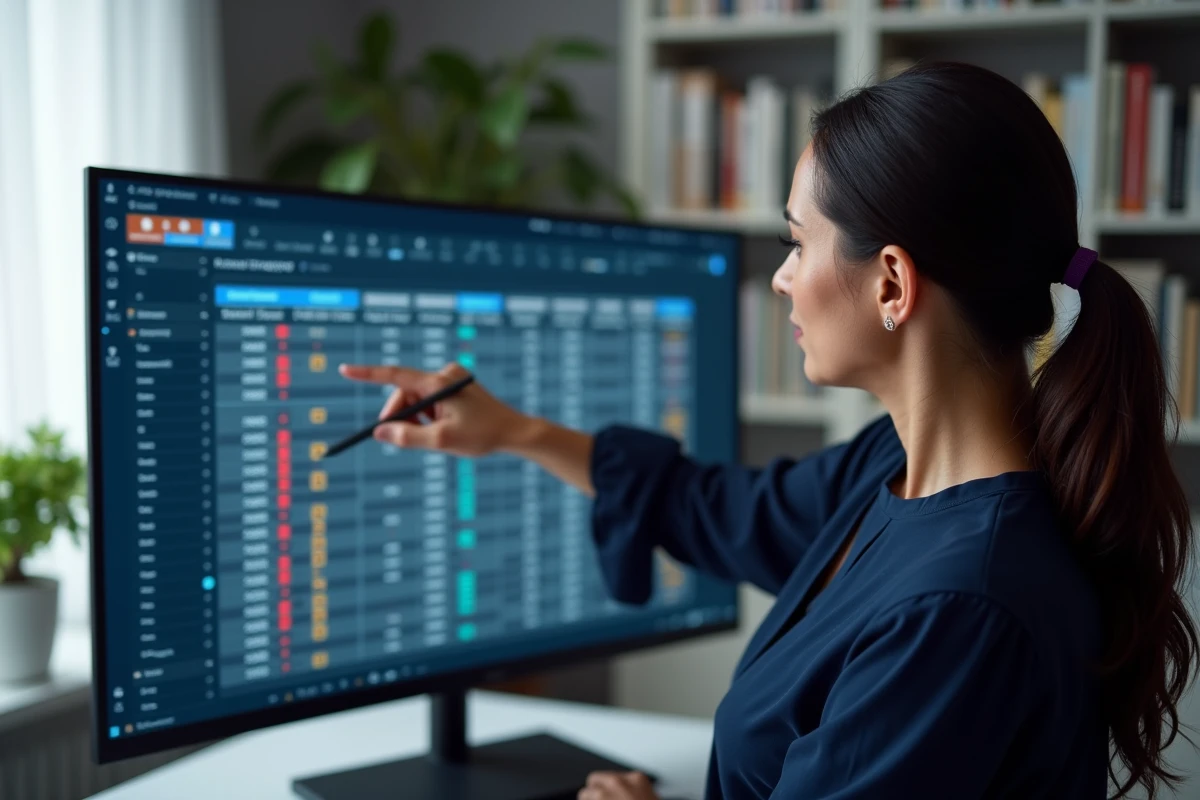 Femme examinant un tableau de fréquences des numéros Euromillions sur un écran d'ordinateur dans un bureau moderne