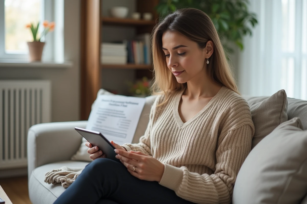 Femme à domicile consultant son portail de prévoyance sur tablette pendant un arrêt maladie