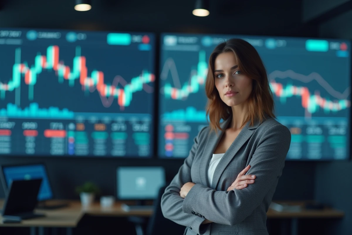 Femme trader analysant les données boursières en temps réel pour optimiser le moment de vente d'une action