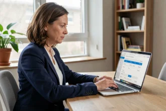 Femme professionnelle gérant ses virements bancaires en ligne sur un ordinateur portable dans un bureau à domicile