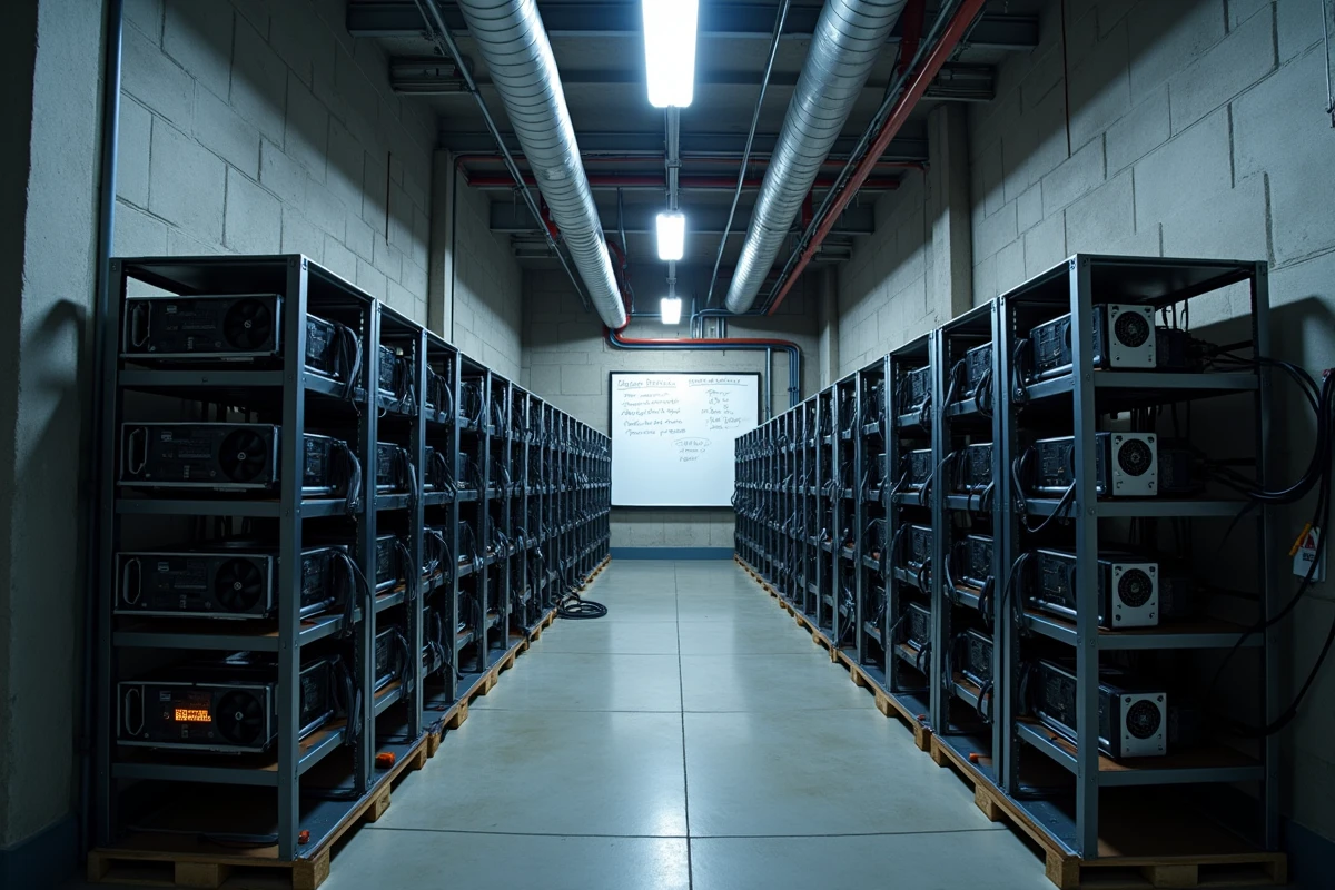 Ferme de minage de cryptomonnaies avec racks de GPU dans un espace industriel