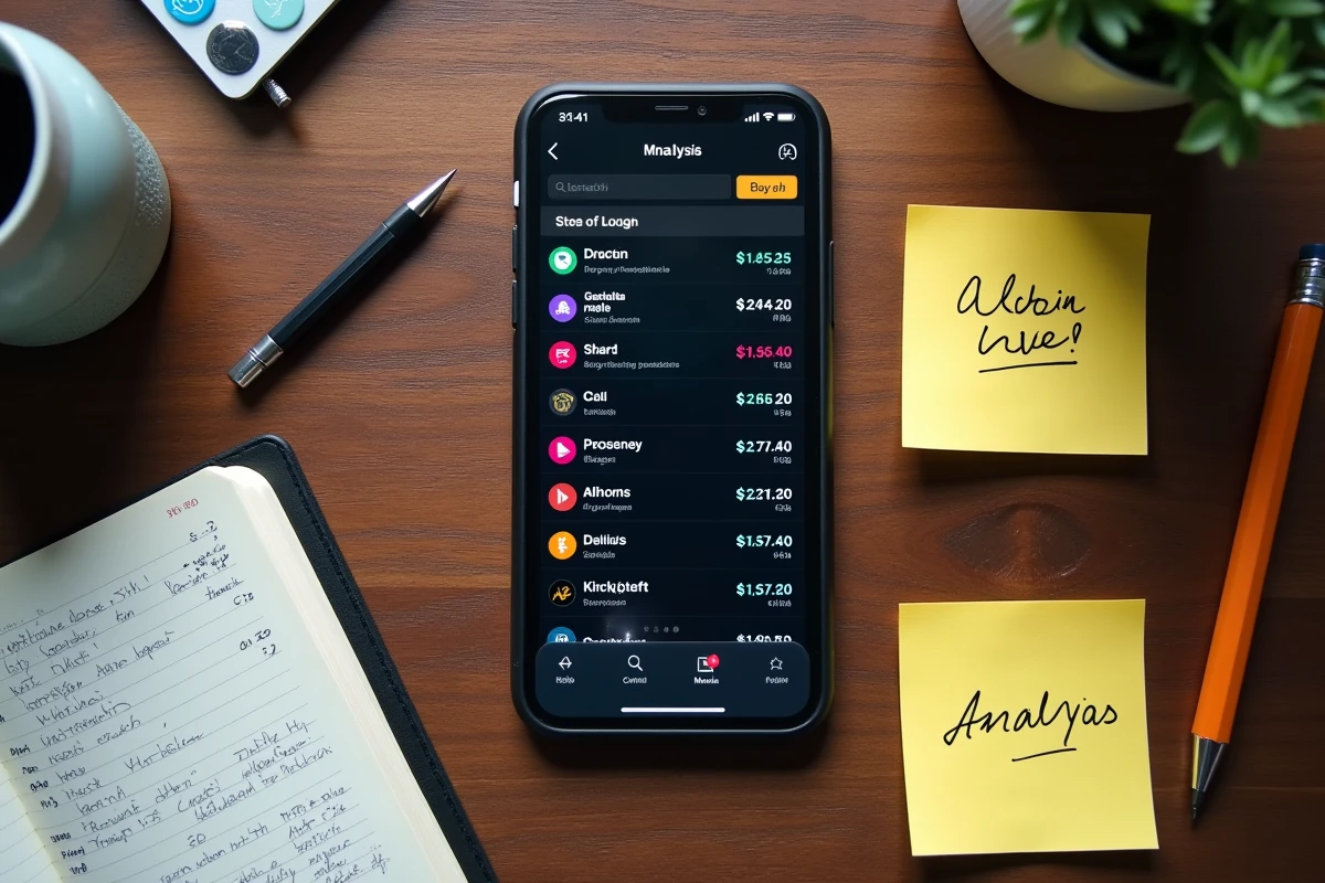 Vue de dessus d'un bureau avec smartphone affichant un portefeuille d'altcoins et notes d'analyse manuscrites