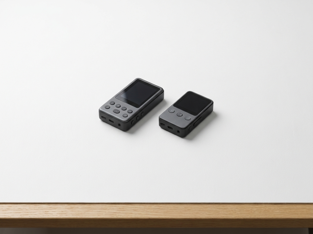 Vue comparative en flat lay de deux appareils électroniques compacts représentant les modèles Epsicap Explore et Epsicap Nano sur fond blanc