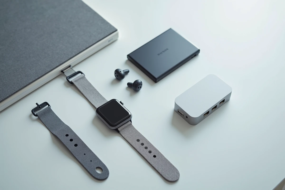Vue aérienne d'une sélection de gadgets technologiques tendance disposés sur fond gris neutre