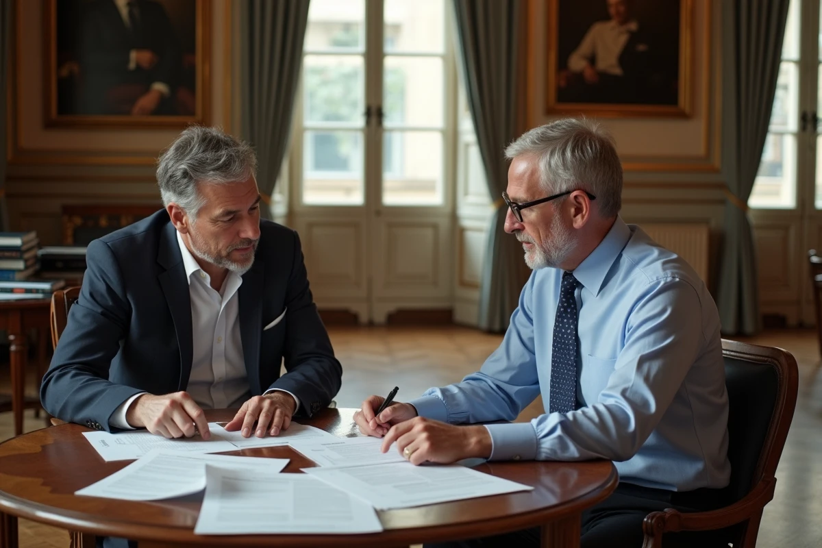 Deux fonctionnaires de l'État discutant d'un rapport de réforme fiscale dans un bureau administratif classique