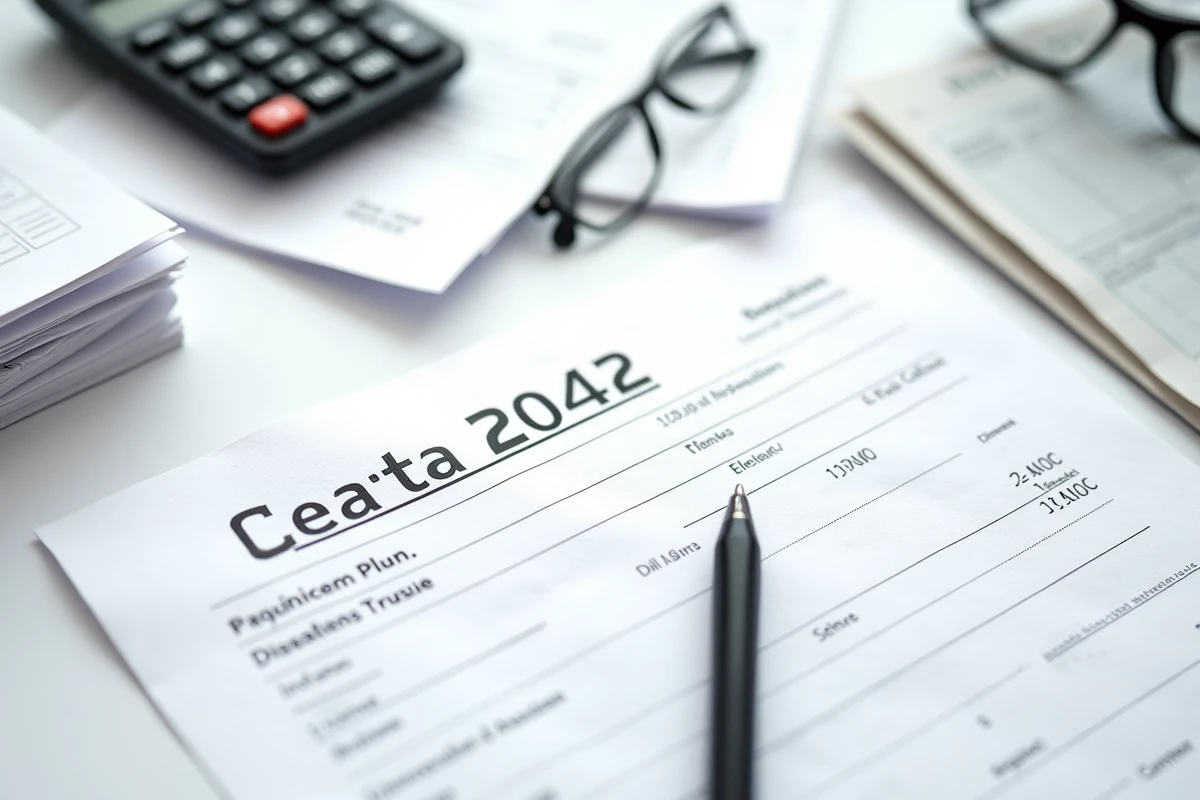 Vue de dessus du formulaire Cerfa 2042 RICI rempli à la main sur un bureau blanc avec calculatrice et documents fiscaux