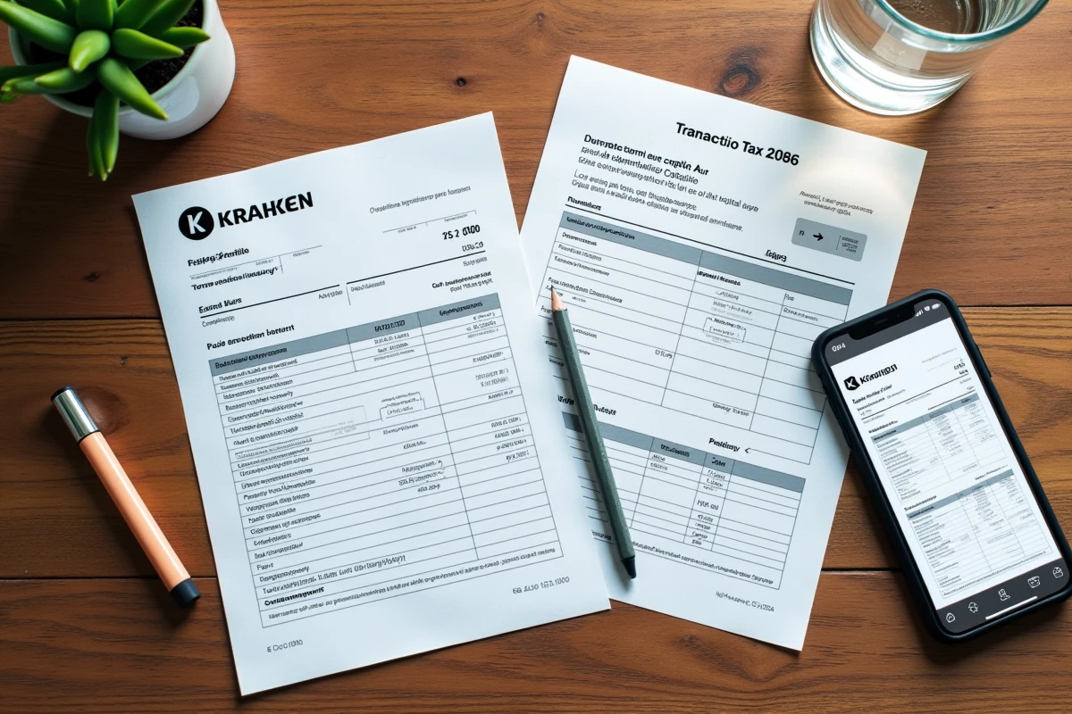 Vue du dessus d'un bureau avec formulaires fiscaux français et relevés de transactions Kraken