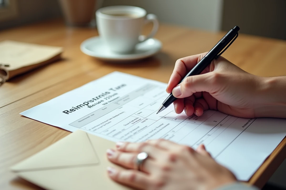 Mains remplissant un formulaire de demande de remboursement d'honoraires sur un bureau à domicile