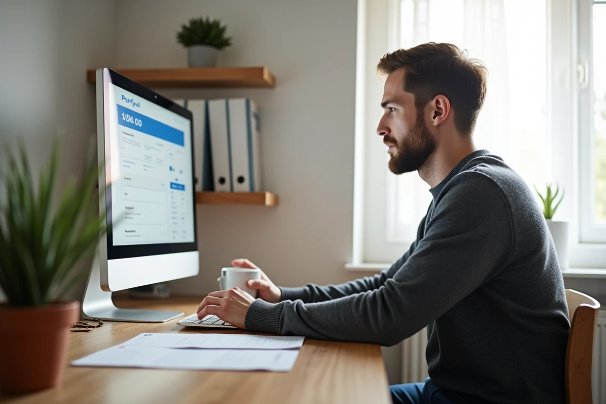 Freelance gérant un virement bancaire PayPal professionnel depuis son espace de travail à domicile