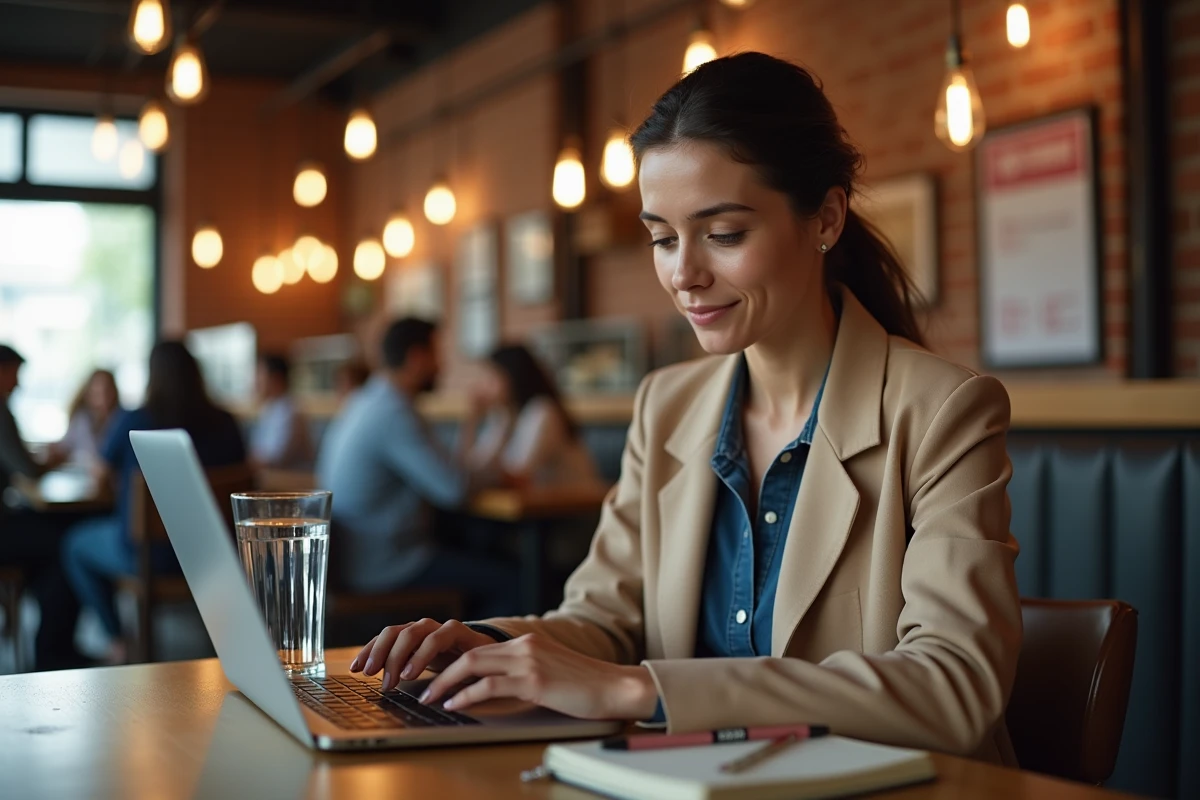 Femme gérant son portefeuille crypto sur Binance dans un café moderne