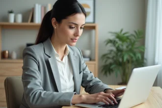 Femme gérant ses assurances en ligne sur un site web depuis son bureau à domicile