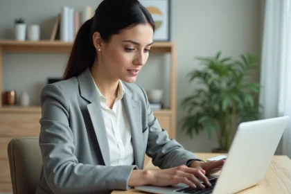 Femme gérant ses assurances en ligne sur un site web depuis son bureau à domicile