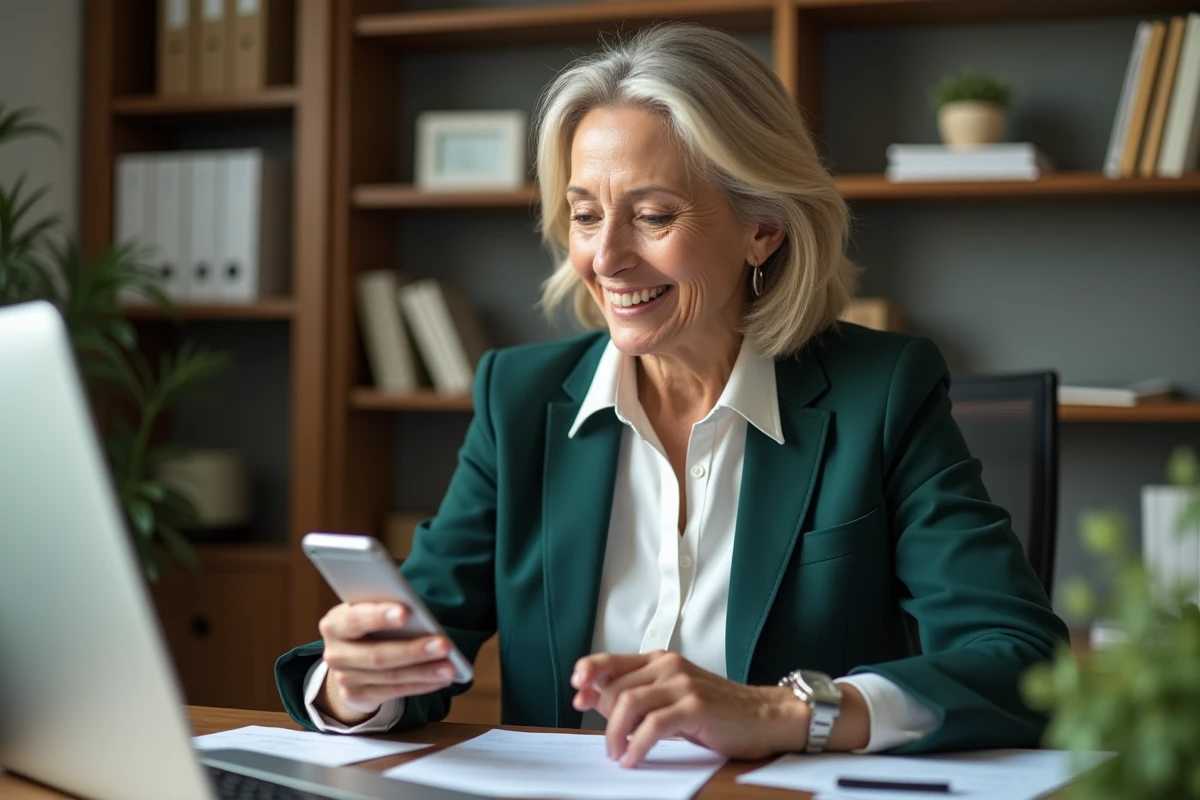 Femme d'âge mûr gérant ses comptes Crédit Maritime Grand Ouest sur mobile depuis son bureau