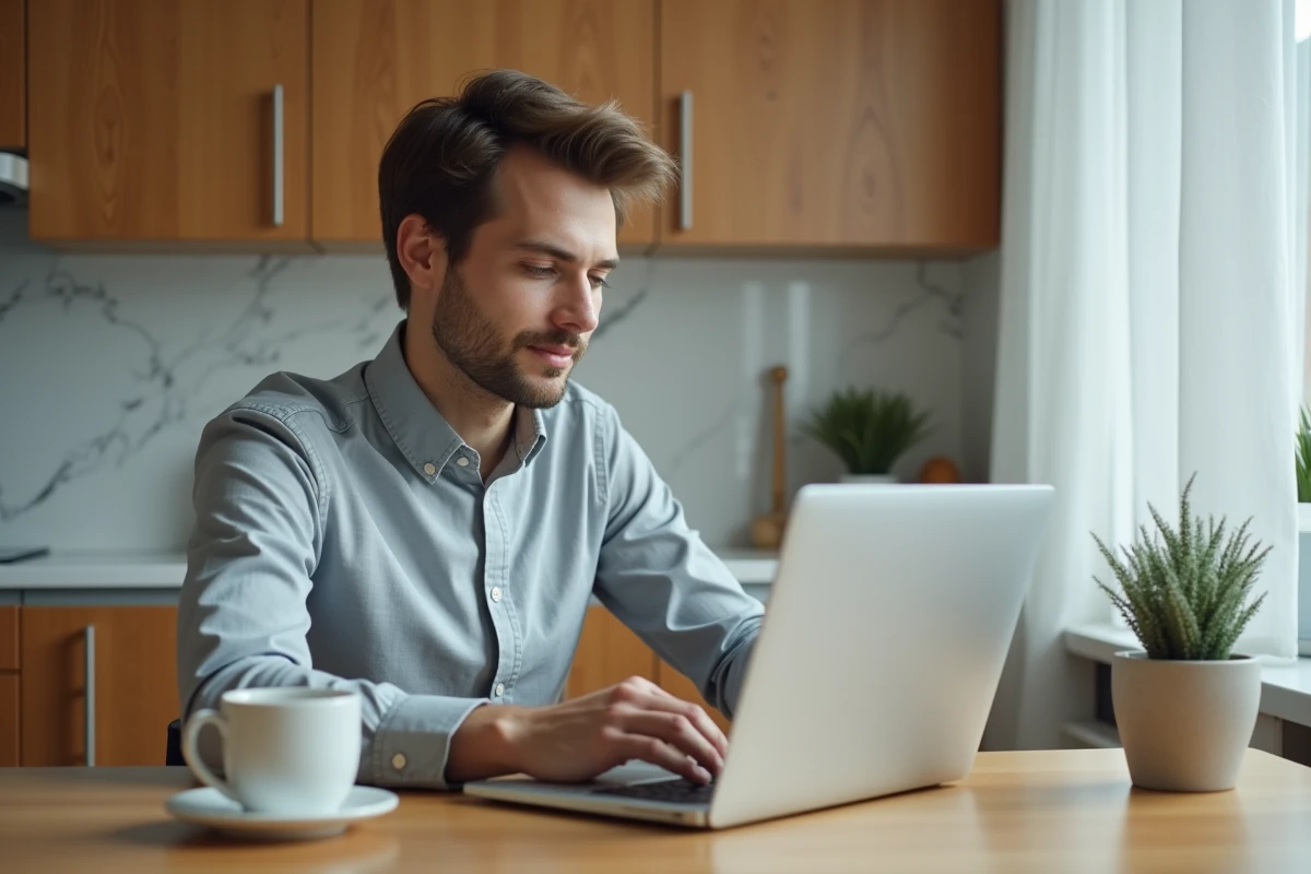 Un jeune homme gère son compte bancaire HSBC en ligne depuis son appartement avec un ordinateur portable