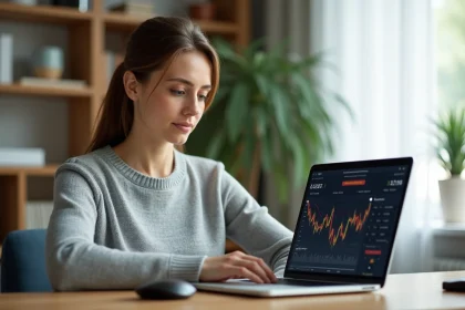 Femme gérant ses placements en ligne sur un ordinateur portable dans un bureau à domicile moderne
