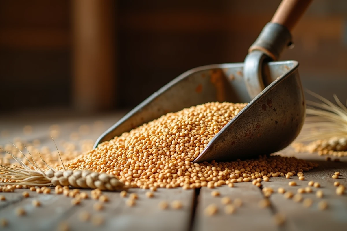 Gros plan sur des grains de blé récoltés dans une pelle en métal à l'intérieur d'une grange, illustrant les enjeux économiques du prix du quintal de blé en 2026