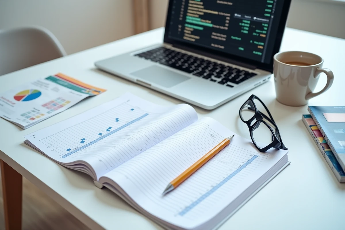 Vue aérienne d'un grand livre comptable ouvert et d'un écran d'ordinateur affichant des entrées de contrat de capitalisation sur un bureau de bureau à domicile