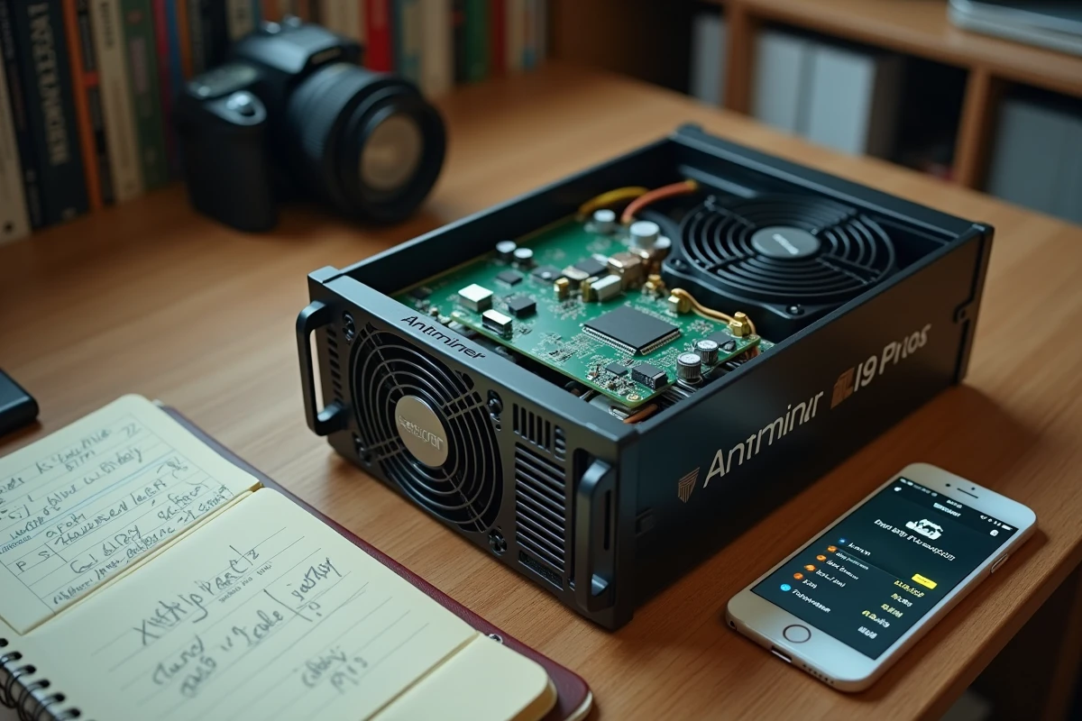 Gros plan d'un Antminer S19 Pro sur un bureau avec calculs de rentabilité quotidienne et application de minage