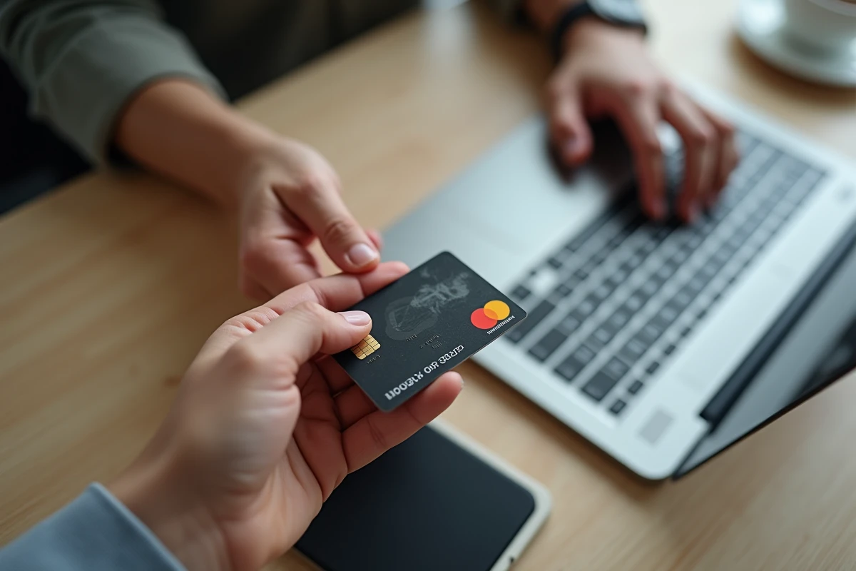 Gros plan sur une carte bancaire abîmée tenue au-dessus d'un clavier d'ordinateur avec une facture Free posée sur le bureau