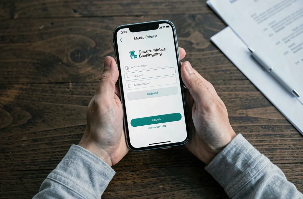 Gros plan de mains tenant un smartphone avec l'interface de connexion sécurisée d'une application bancaire mobile
