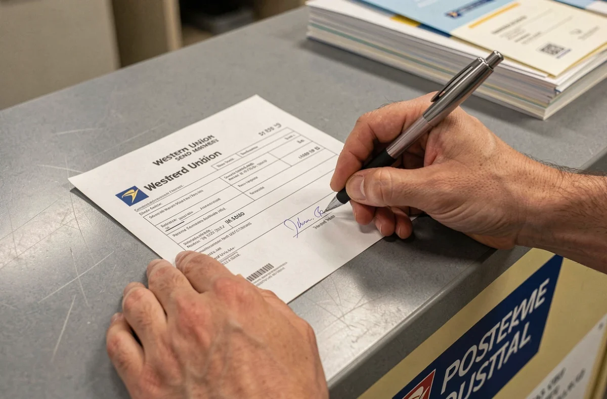 Gros plan sur un formulaire Western Union signé au comptoir d'un bureau de poste français