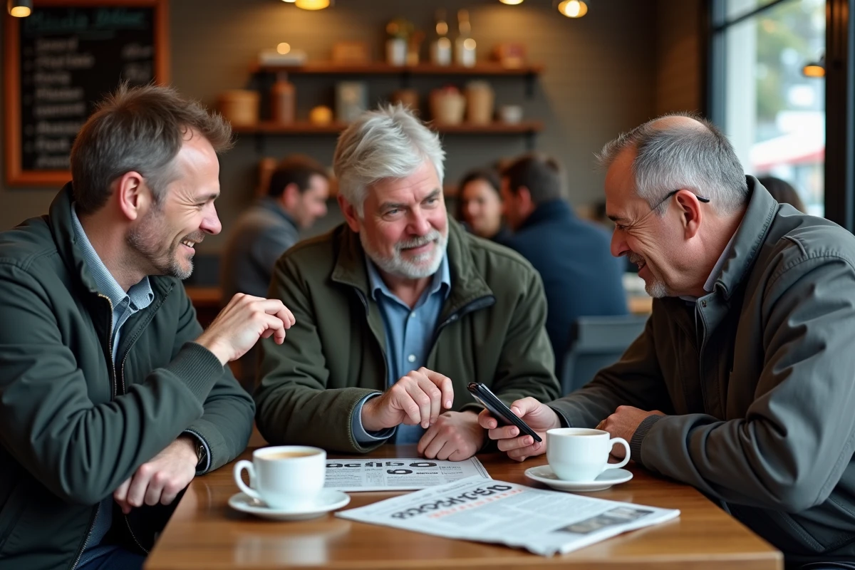 Groupe d'amis discutant des résultats du dernier tirage Euromillions autour d'un smartphone et d'un journal dans un café