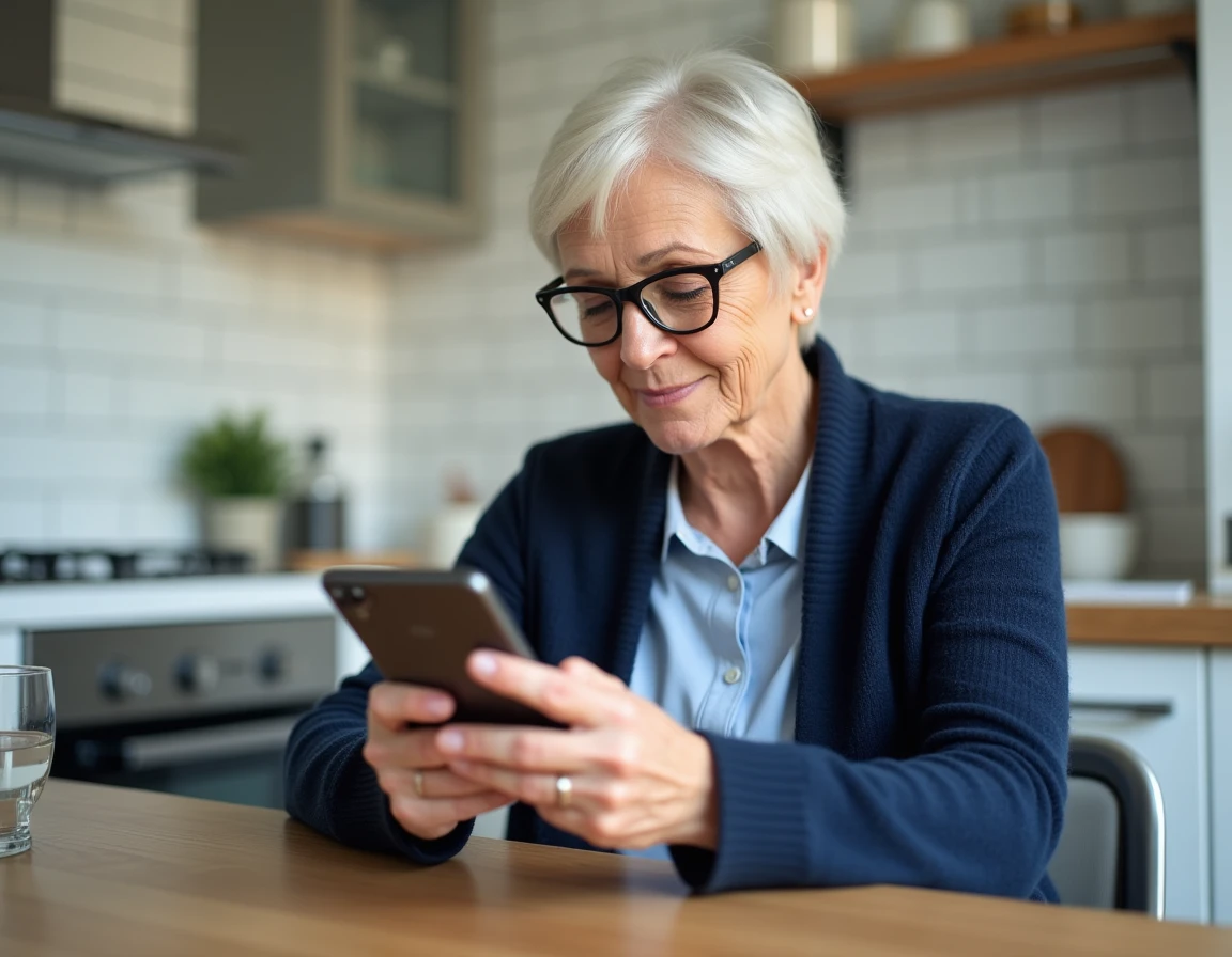 Femme plus âgée consultant un guide de récupération d'identifiant sur son smartphone dans sa cuisine