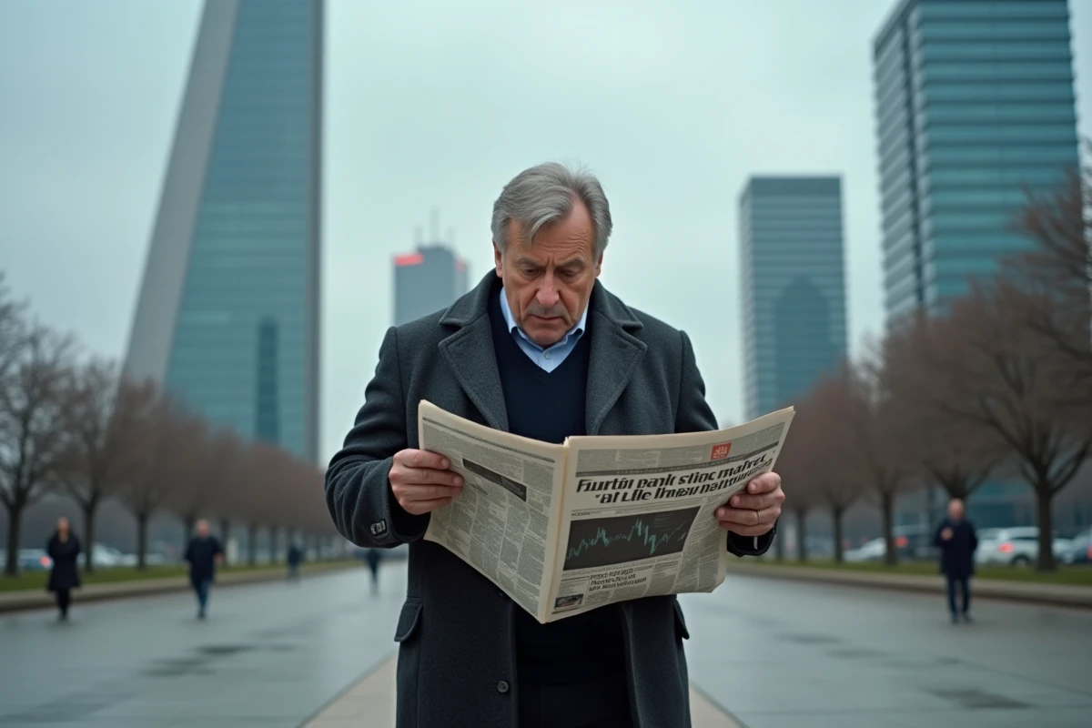Homme d'affaires lisant un journal financier sur fond du quartier de La Défense à Paris lors d'une baisse du CAC 40