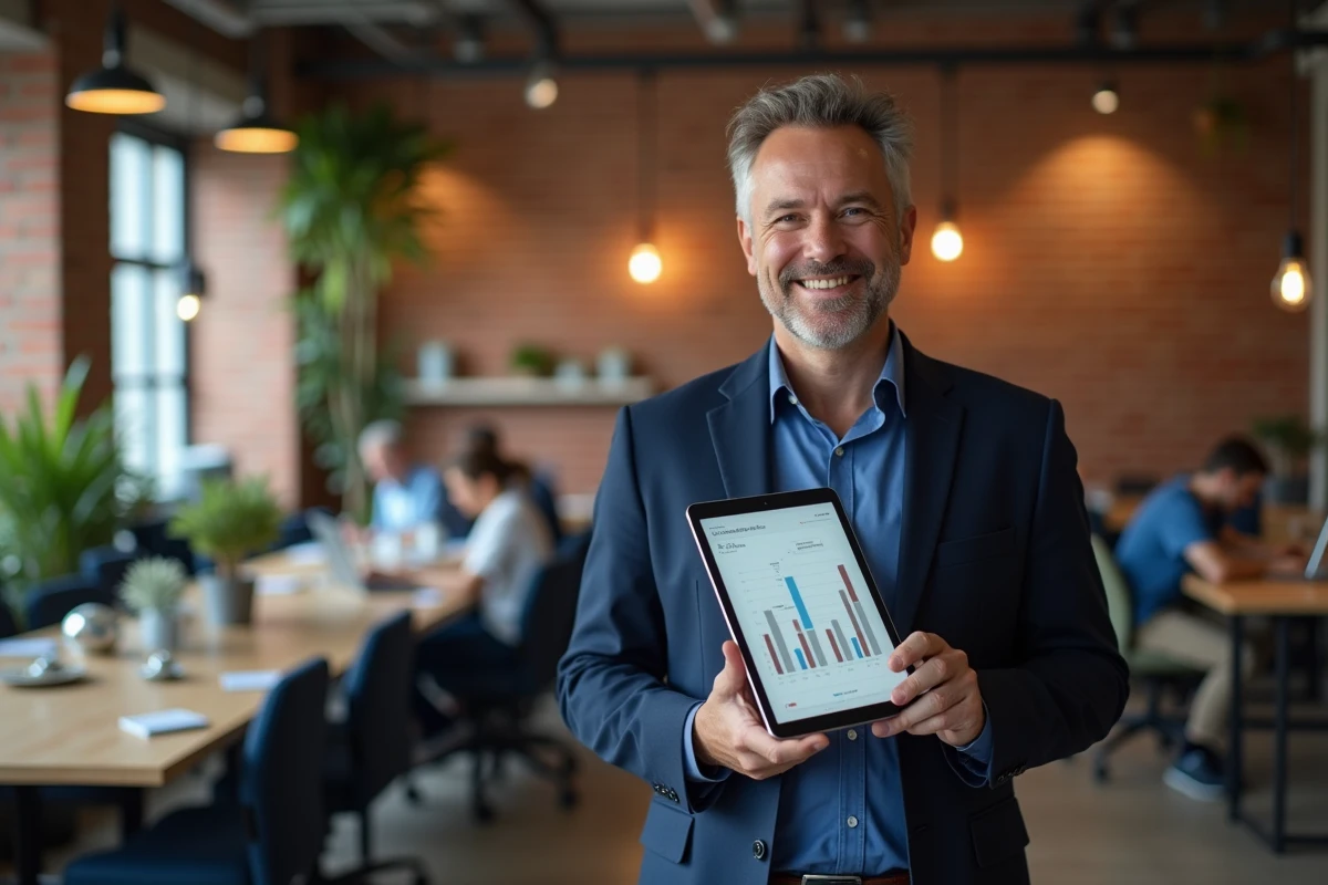 Homme d'affaires tenant une tablette avec des graphiques de croissance financière dans un espace de coworking