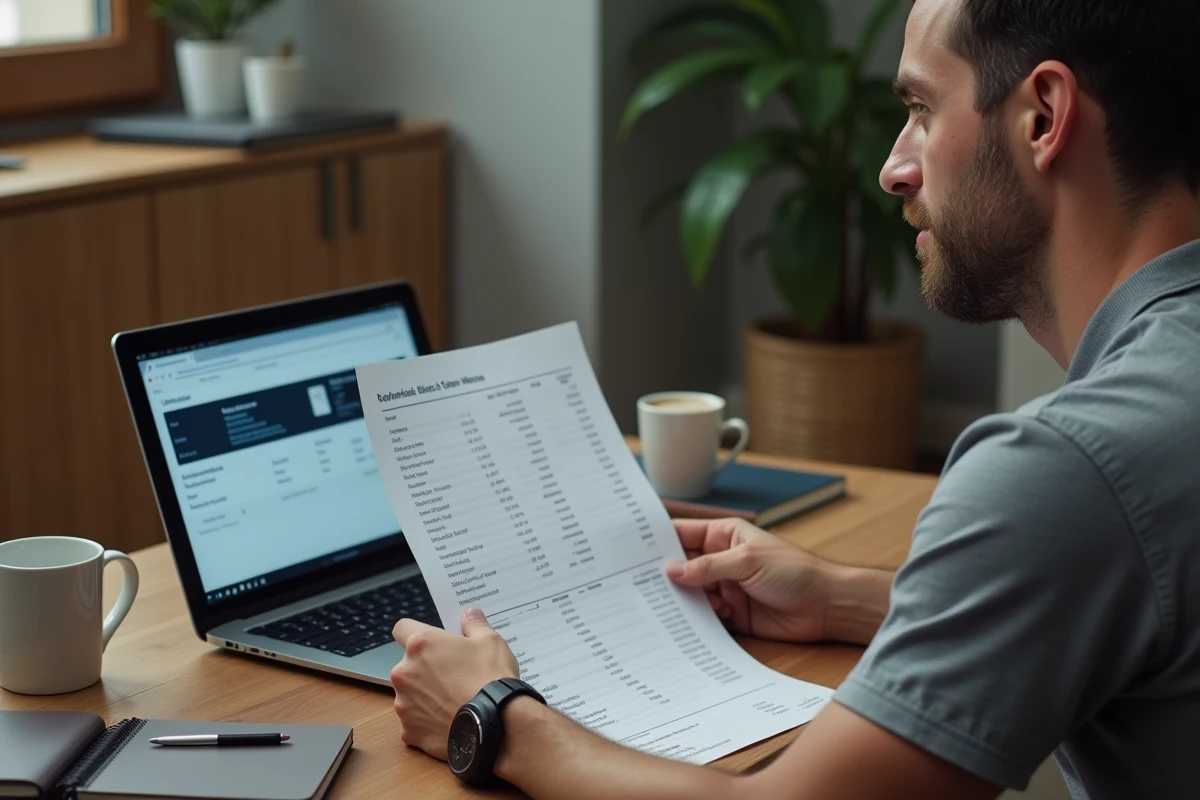 Homme analysant ses relevés de cashback sur ordinateur portable dans un bureau à domicile