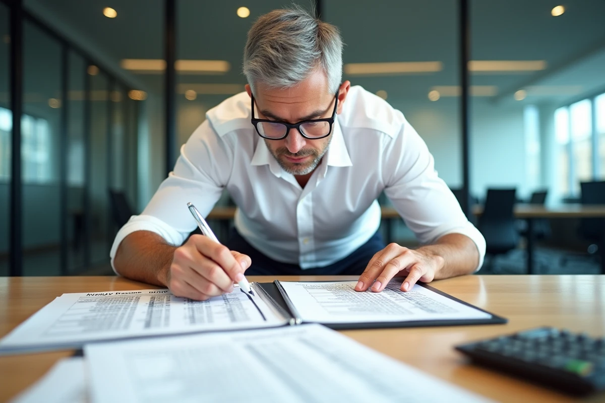 Homme d'affaires analysant des feuilles Excel de calcul de rente et taux d'intérêt sur une table de conférence
