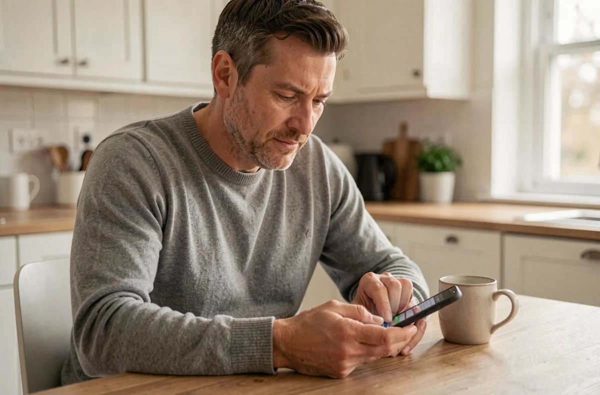 Homme utilisant une application bancaire mobile en toute sécurité depuis son domicile