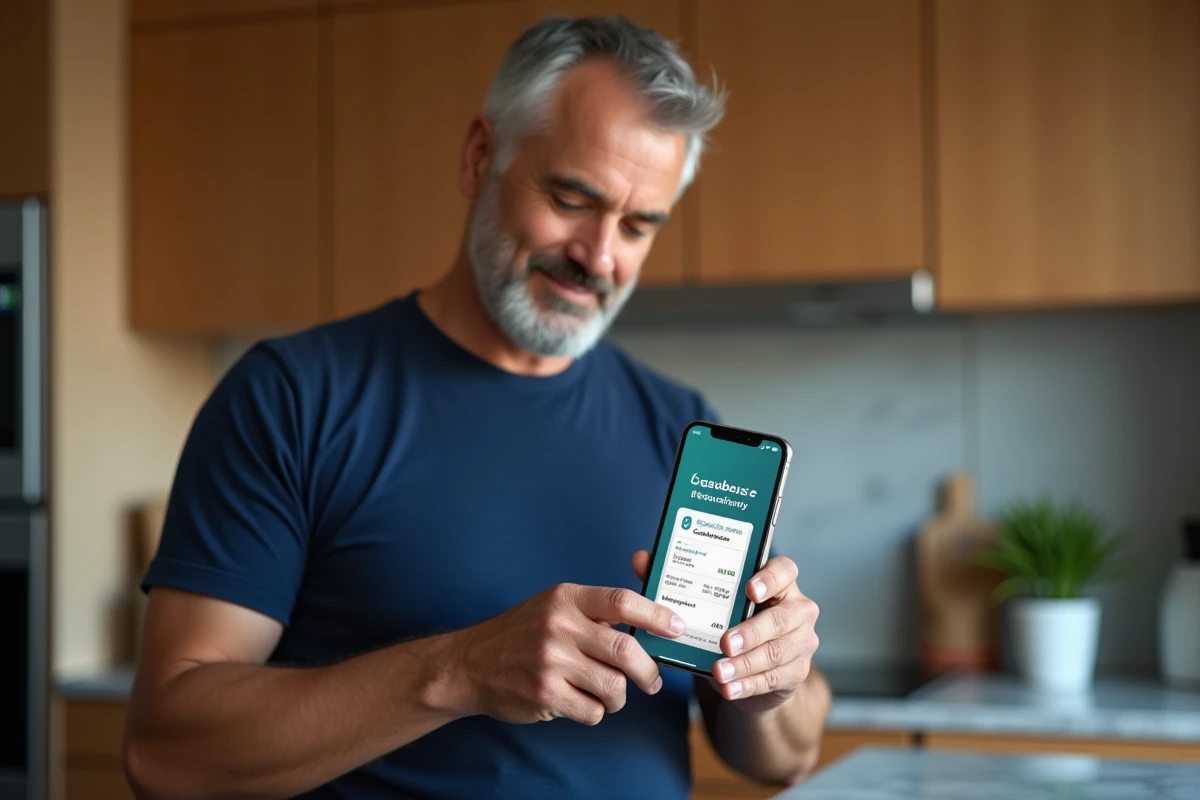Homme consultant son application bancaire pour vérifier ses gains de cashback sur smartphone