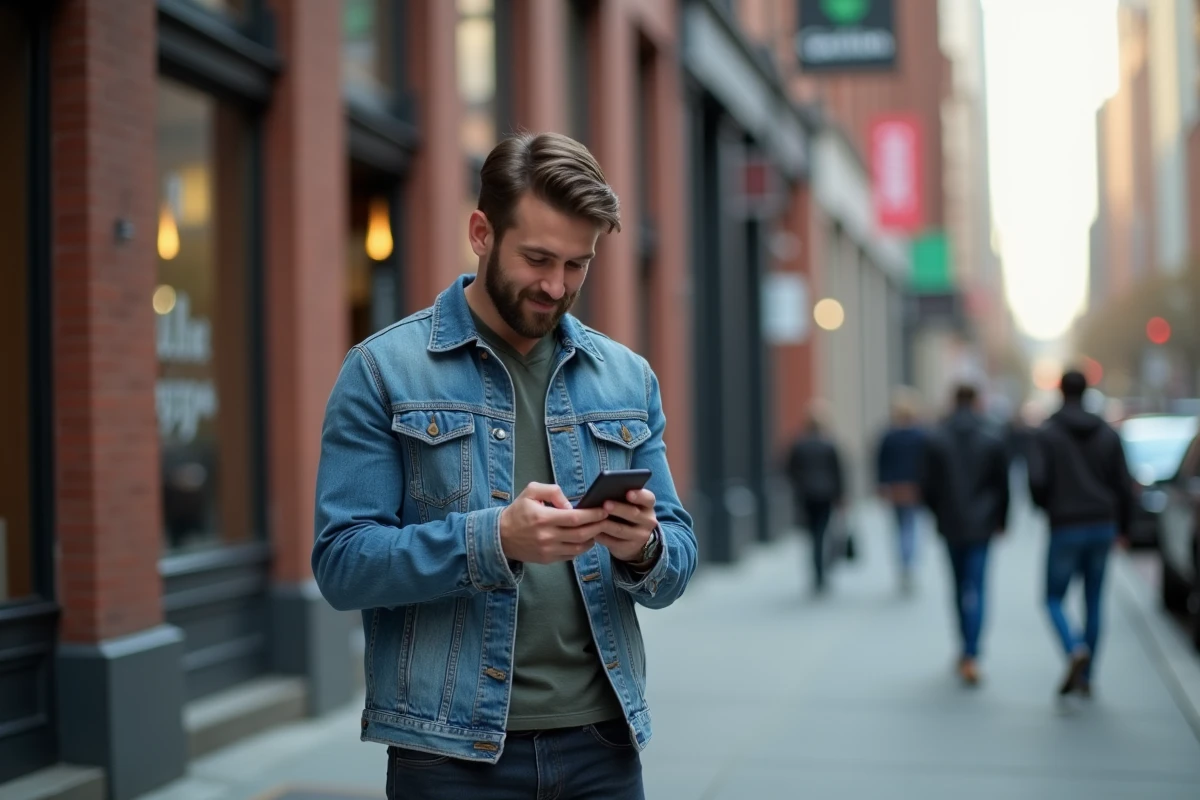 Homme consultant une application de prêt instantané sur son téléphone dans une rue de la ville