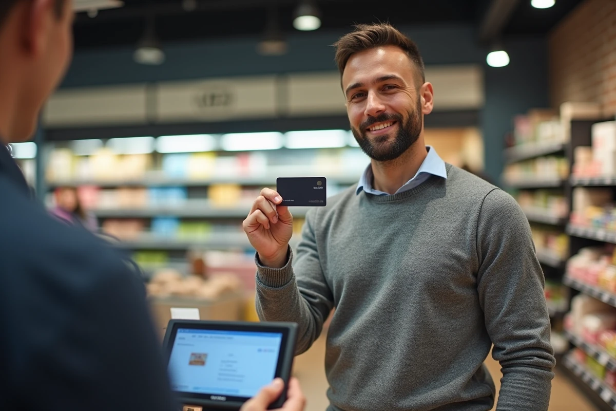 Homme utilisant sa carte de fidélité à la caisse d'un magasin pour accumuler des points