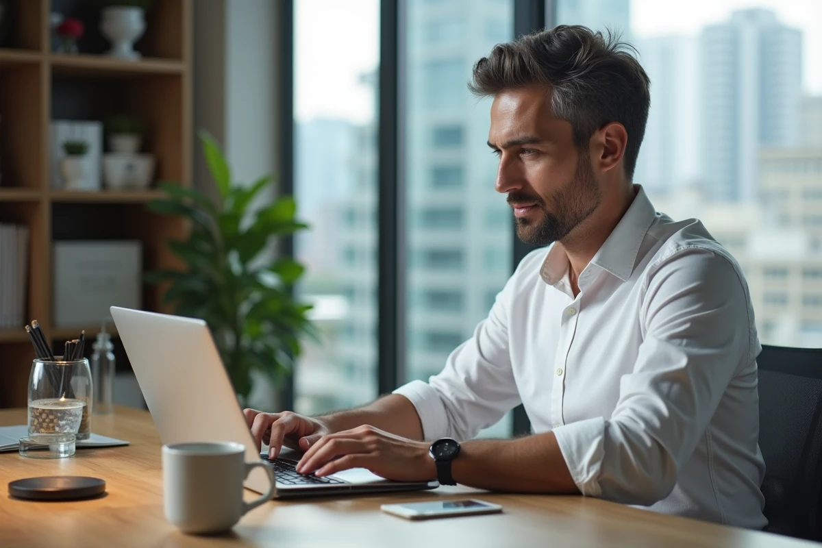 Homme travaillant sur un ordinateur portable avec une carte Gold posée sur son bureau, illustrant la gestion des avantages financiers en ligne