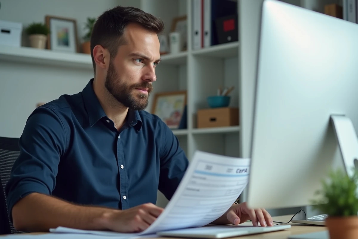 Homme consultant le formulaire Cerfa 2042 RICI devant un ordinateur de bureau dans un bureau à domicile moderne