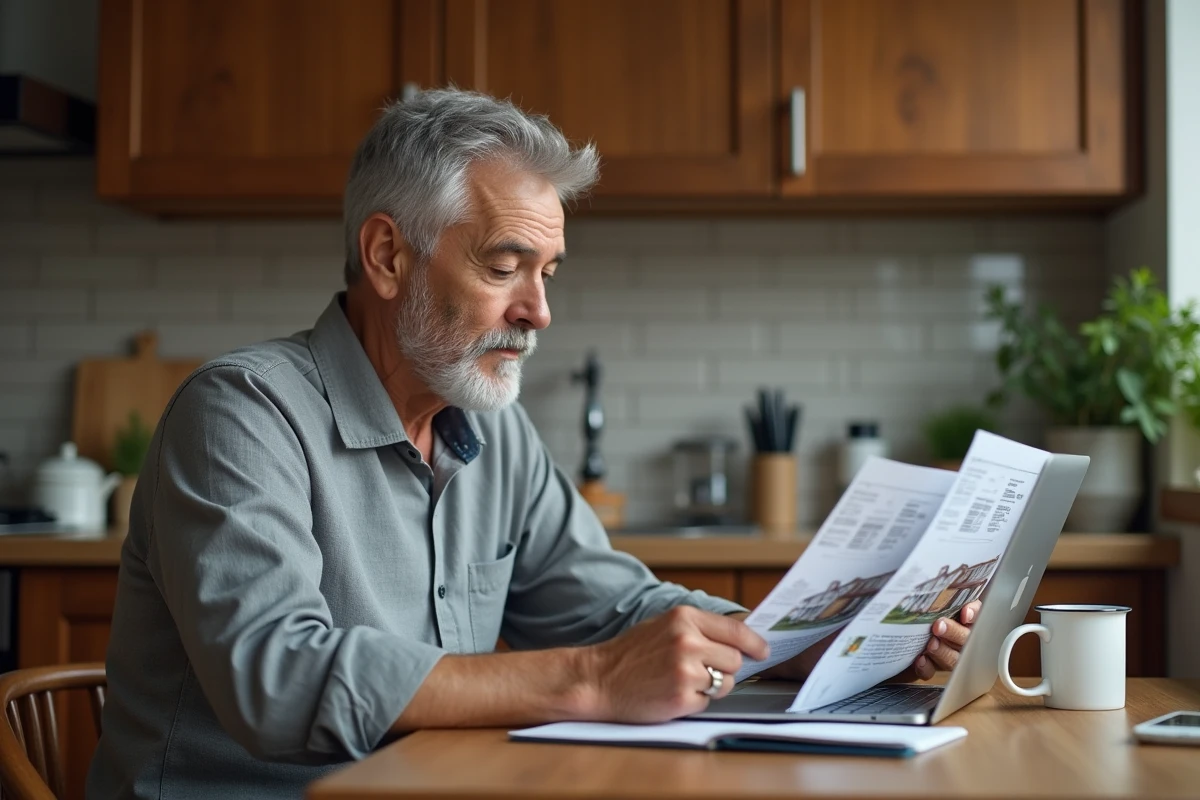 Homme comparant des annonces immobilières sur ordinateur portable dans sa cuisine pour acheter avant de vendre