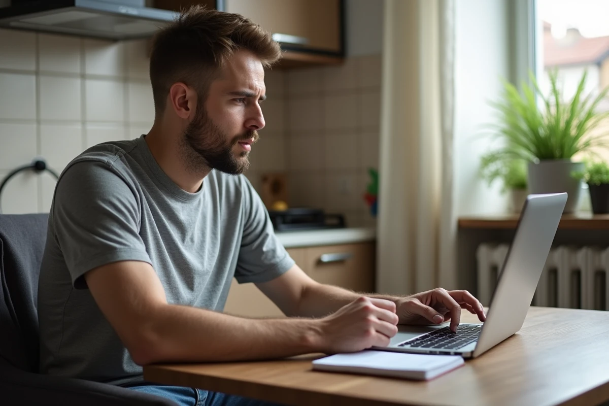 Homme en recherche d'emploi consultant ses droits au chômage sur un ordinateur portable chez lui