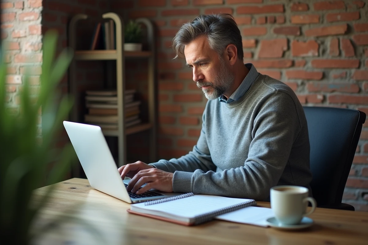 Homme consultant un échéancier numérique sur ordinateur portable dans un bureau à domicile minimaliste