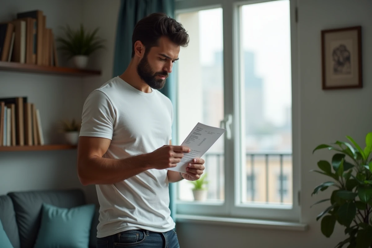 Homme examinant sa fiche de salaire pour évaluer sa capacité d'emprunt