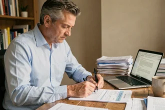 Homme remplissant le formulaire 2044 de déclaration fiscale à son bureau à domicile