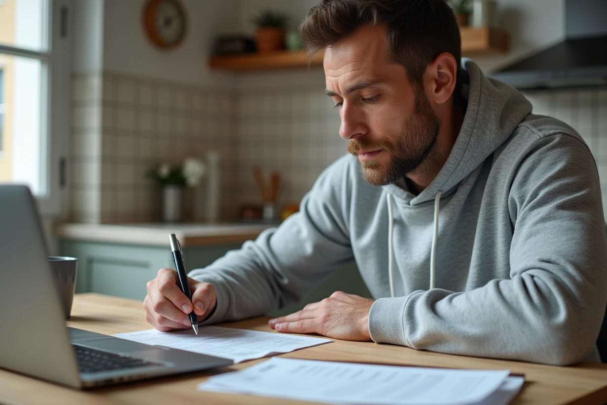Un homme remplit un formulaire de demande d'aide financière municipale à son domicile avec un ordinateur portable ouvert