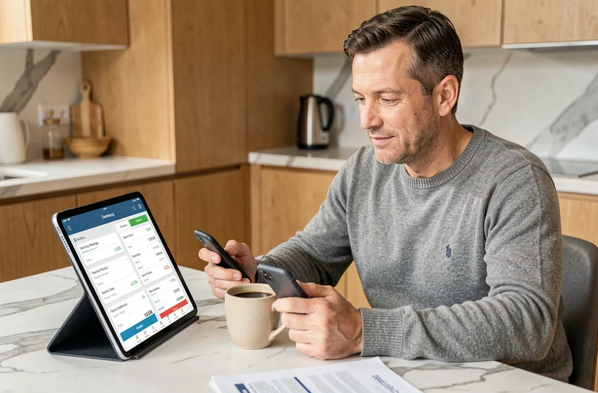 Homme consultant son compte bancaire en ligne sur smartphone et tablette dans une cuisine moderne