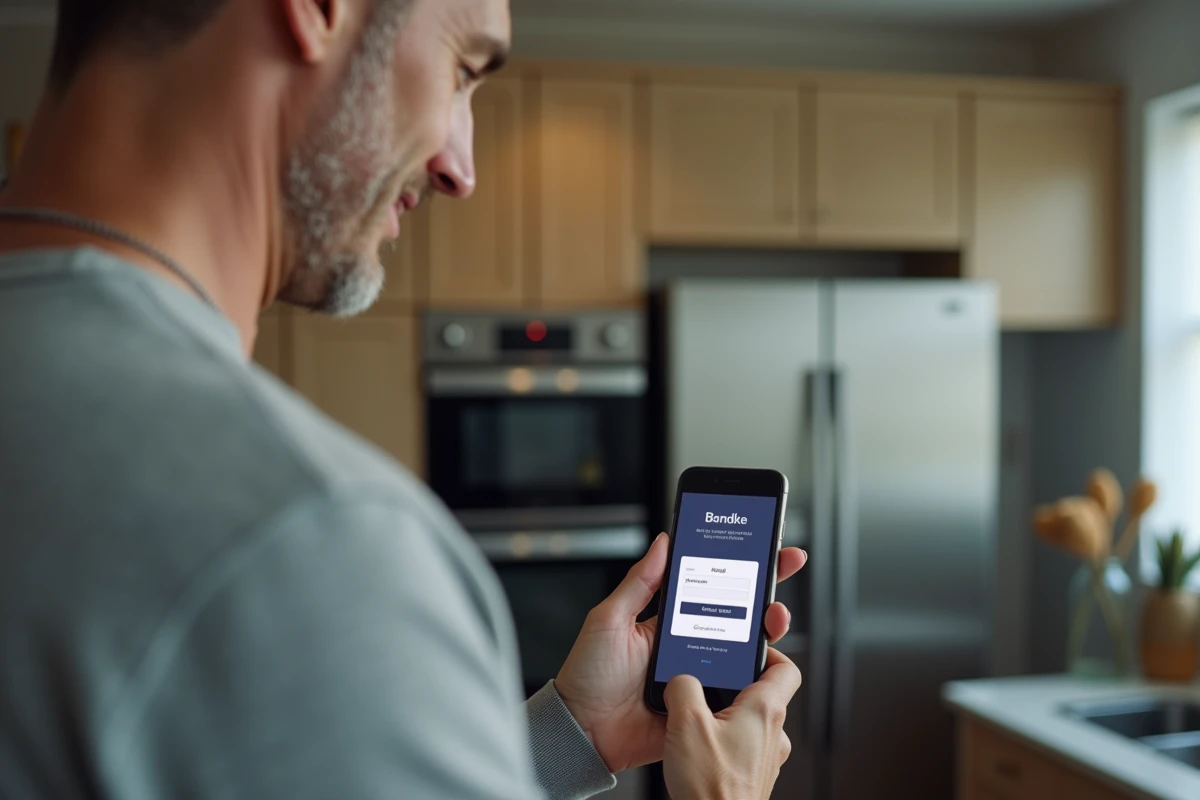 Homme consultant son smartphone pour réinitialiser son mot de passe oublié sur l'application Crédit Agricole Le Fil
