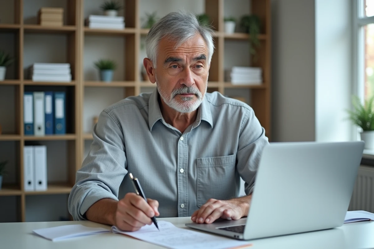 Homme de 62 ans simulant le calcul de sa pension de retraite sur un ordinateur portable dans un bureau à domicile