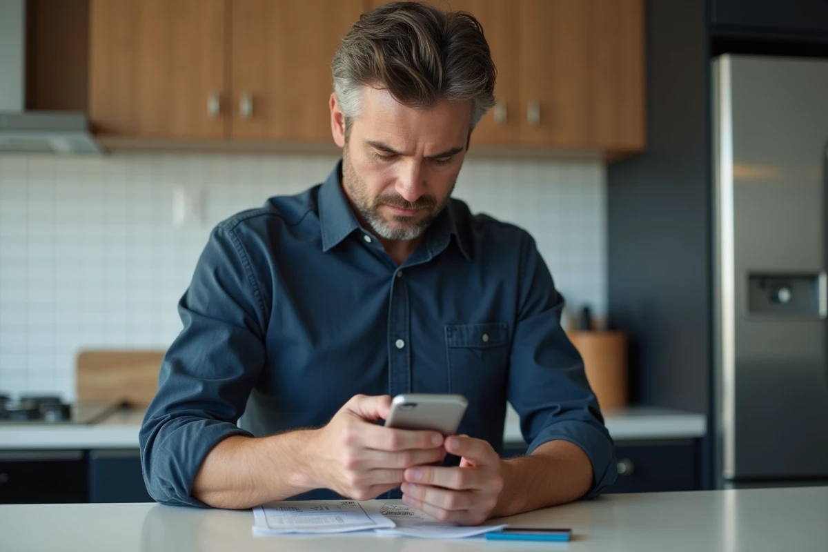 Homme consultant son téléphone pour trouver une solution de paiement après avoir perdu sa carte bancaire