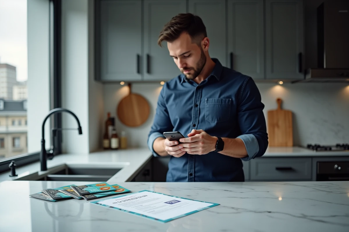 Homme utilisant un smartphone pour convertir des chèques Cadhoc en carte cadeau Amazon depuis sa cuisine